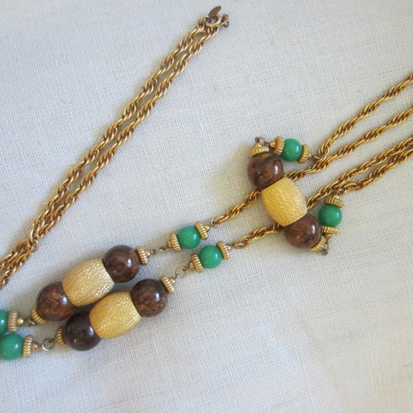 Cadoro Long Chain Necklace Decorated Large Green & Gold Beads Designer Tag Mark - Picture 5 of 14